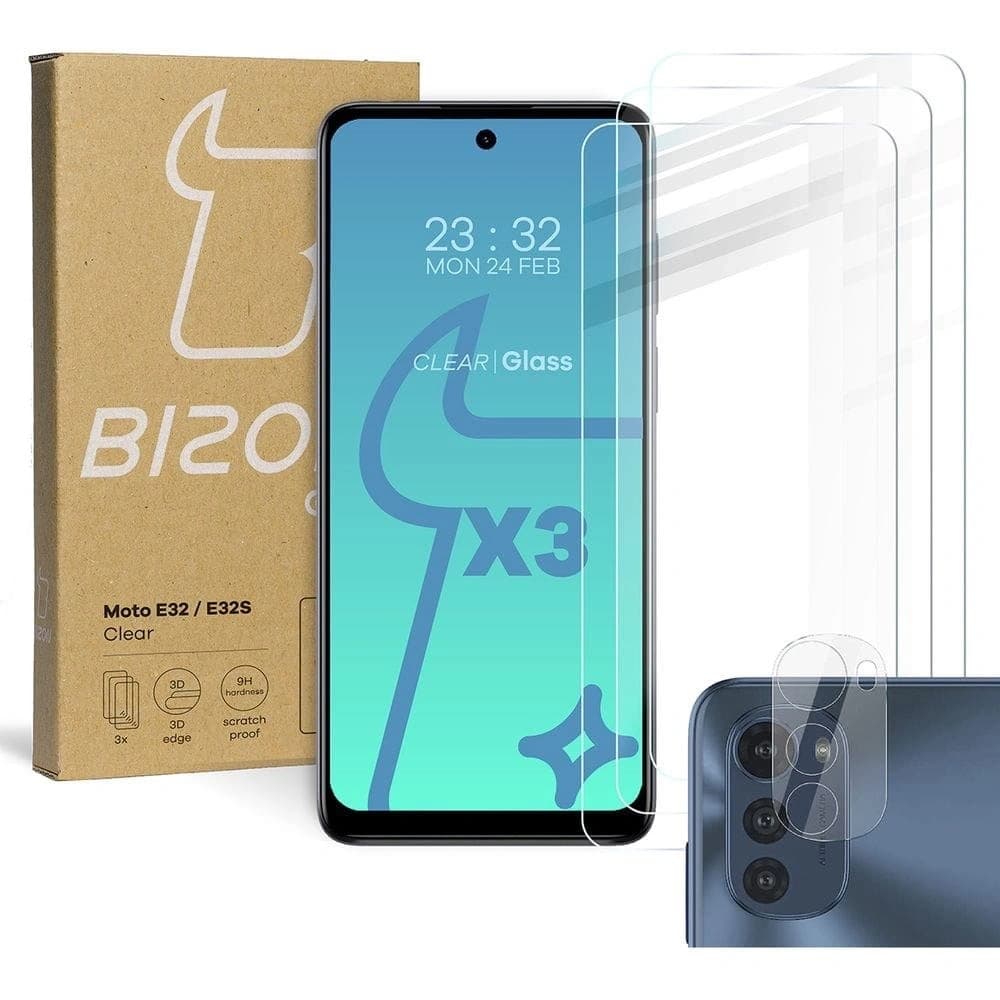 Bizon Glass Clear tempered glass - 3 pcs. + lens glass Motorola Moto E32 / E32s - 1