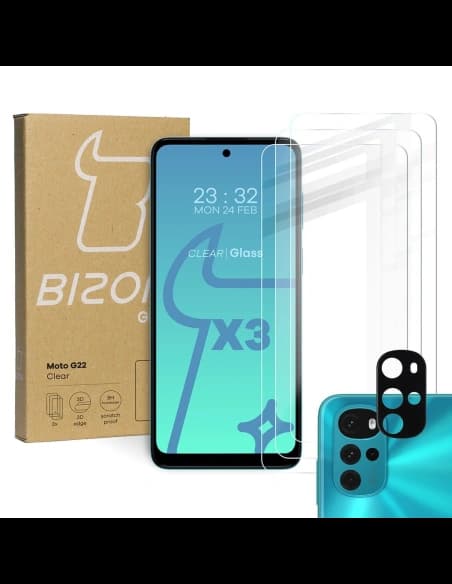 Bizon-Glas Klarglas gehärtetes Glas - 3 Stk. + Linsenglas Motorola Moto G22