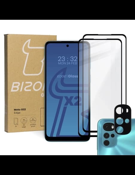 Bizon Glass Edge gehärtetes Glas - [2 PACK] + Linsenschutz Motorola Moto G22 schwarz