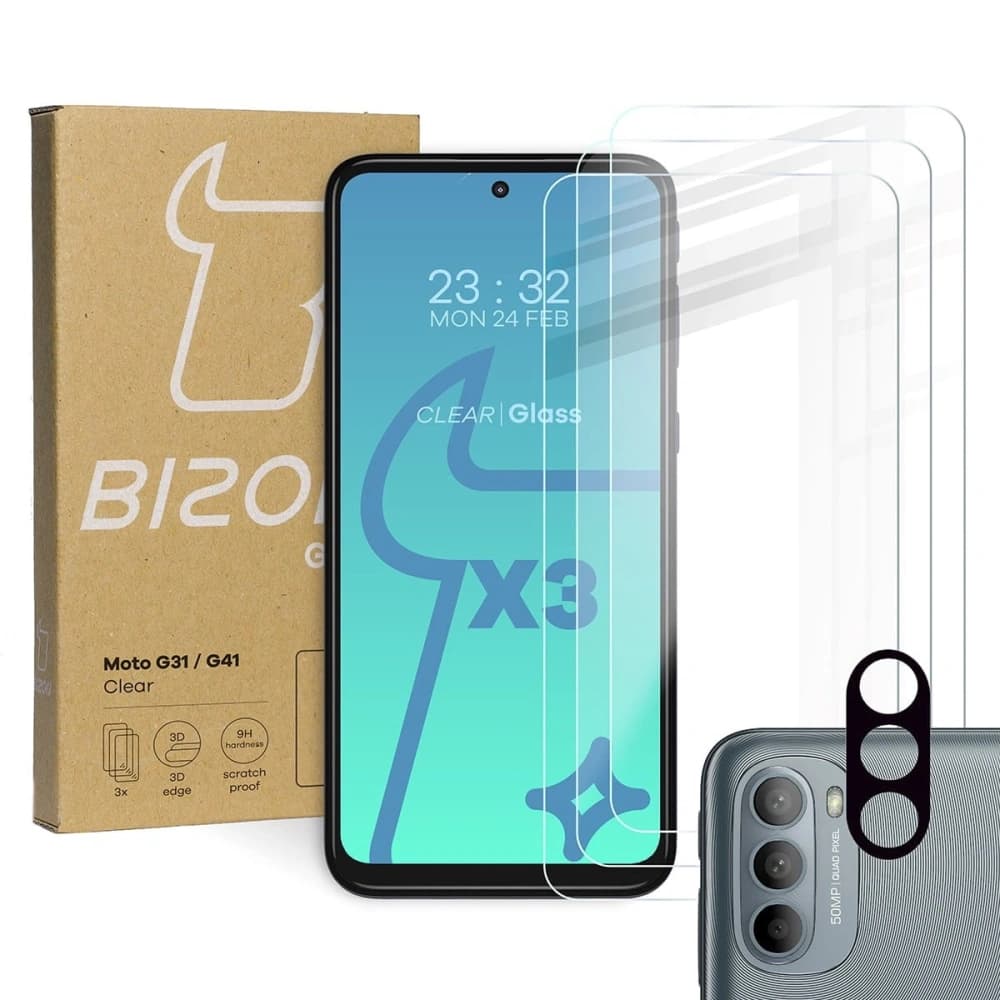 Bizon Glass Clear tempered glass - 3 pcs. + lens glass Moto G31 / G41 - 1
