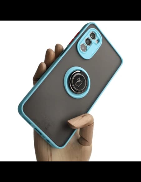 Etui s úchopem na prst Bizon Case Hybrid Ring pro Motorola Moto G52 / G82 kouřové s jasně modrým rámečkem