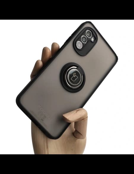 Etui s úchopem na prst Bizon Case Hybrid Ring pro Motorola Moto G52 / G82 kouřové s černým rámem
