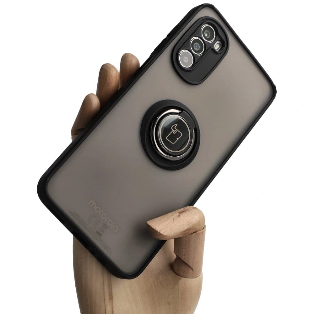 Etui s úchopem na prst Bizon Case Hybrid Ring pro Motorola Moto G52 / G82 kouřové s černým rámem - 1