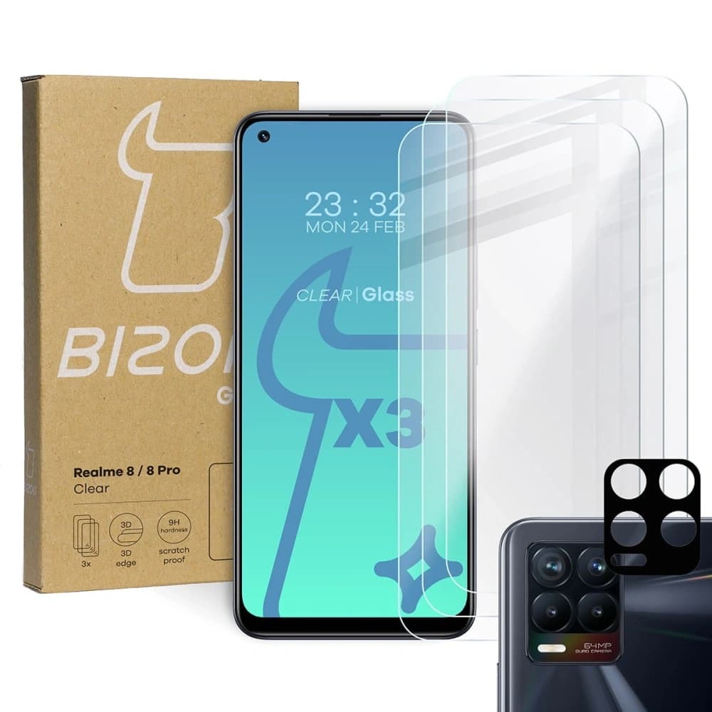 Tvrzené sklo Bizon Glass Clear - 3 ks + objektiv Realme 8 / 8 Pro - 1
