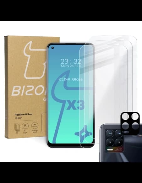 Zesílené sklo Bizon Glass Clear - 3 ks + objektiv Realme 8 Pro