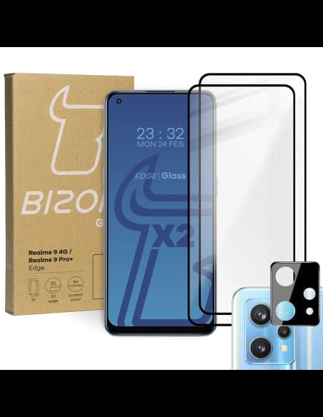Bizon Glass Edge edzett üveg - [2 PACK] + lencse védelem Realme 9 4G / Realme 9 Pro+ fekete