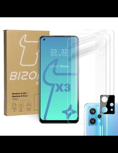 Bizon Glass Clear edzett üveg - 3 db. + lencse üveg Realme 9 4G / Realme 9 Pro+