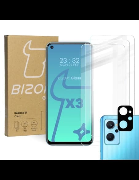 Bizon üveg tiszta edzett üveg - 3 db. + lencseüveg Realme 9i-hez