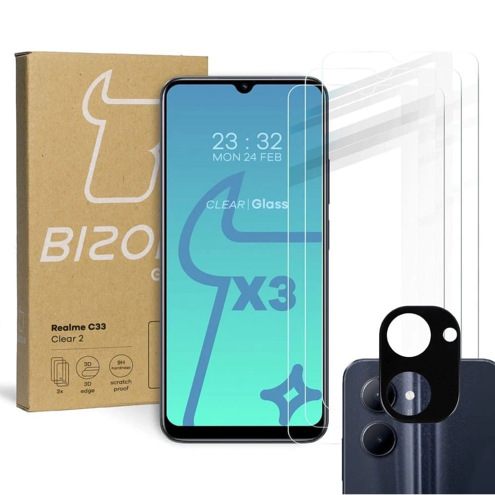 BIZON Clear 2 3x screen glass + camera glass Realme C33 - 1