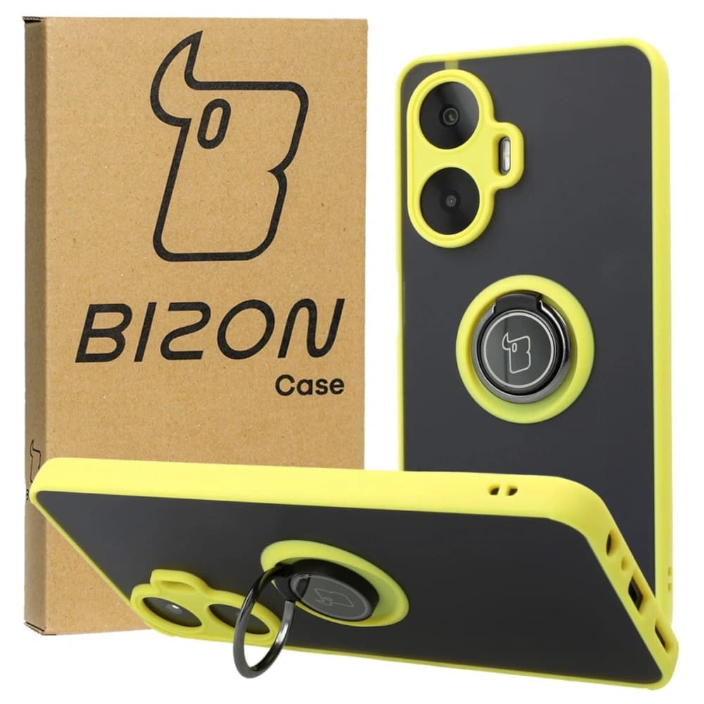 Etui s úchopem na prst Bizon Case Hybrid Ring pro Realme C55 kouřové se žlutým rámem. - 1
