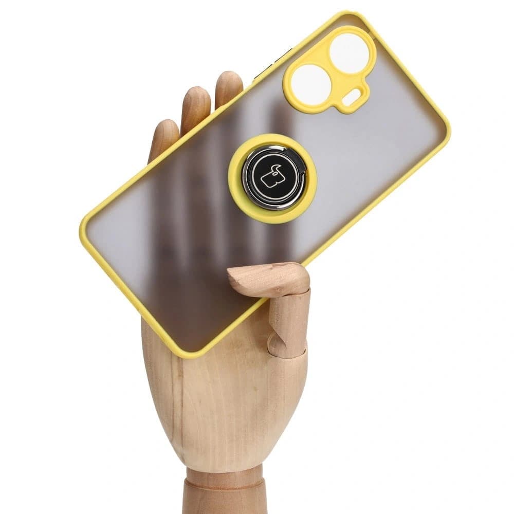 Etui s úchopem na prst Bizon Case Hybrid Ring pro Realme C55 kouřové se žlutým rámem. - 6