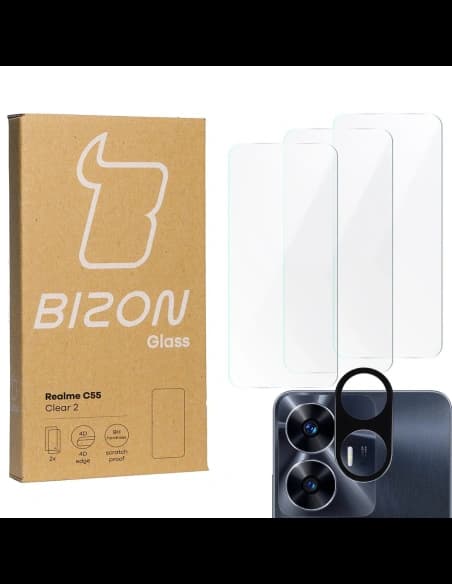 3x Sklo na displej + sklo na fotoaparát BIZON Clear 2 pro Realme C55