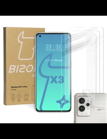 Bizon Glas Klar gehärtetes Glas - 3 Stück. + Linsenglas Realme GT 2 Pro