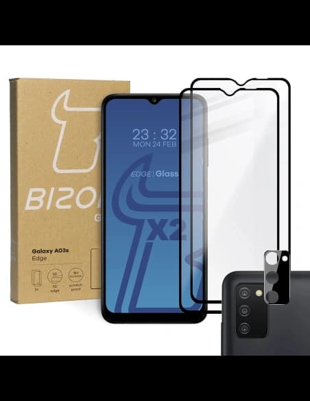 Tvrzené sklo Bizon Glass Edge - [2 PACK] + ochrana na objektiv Samsung Galaxy A03s černé