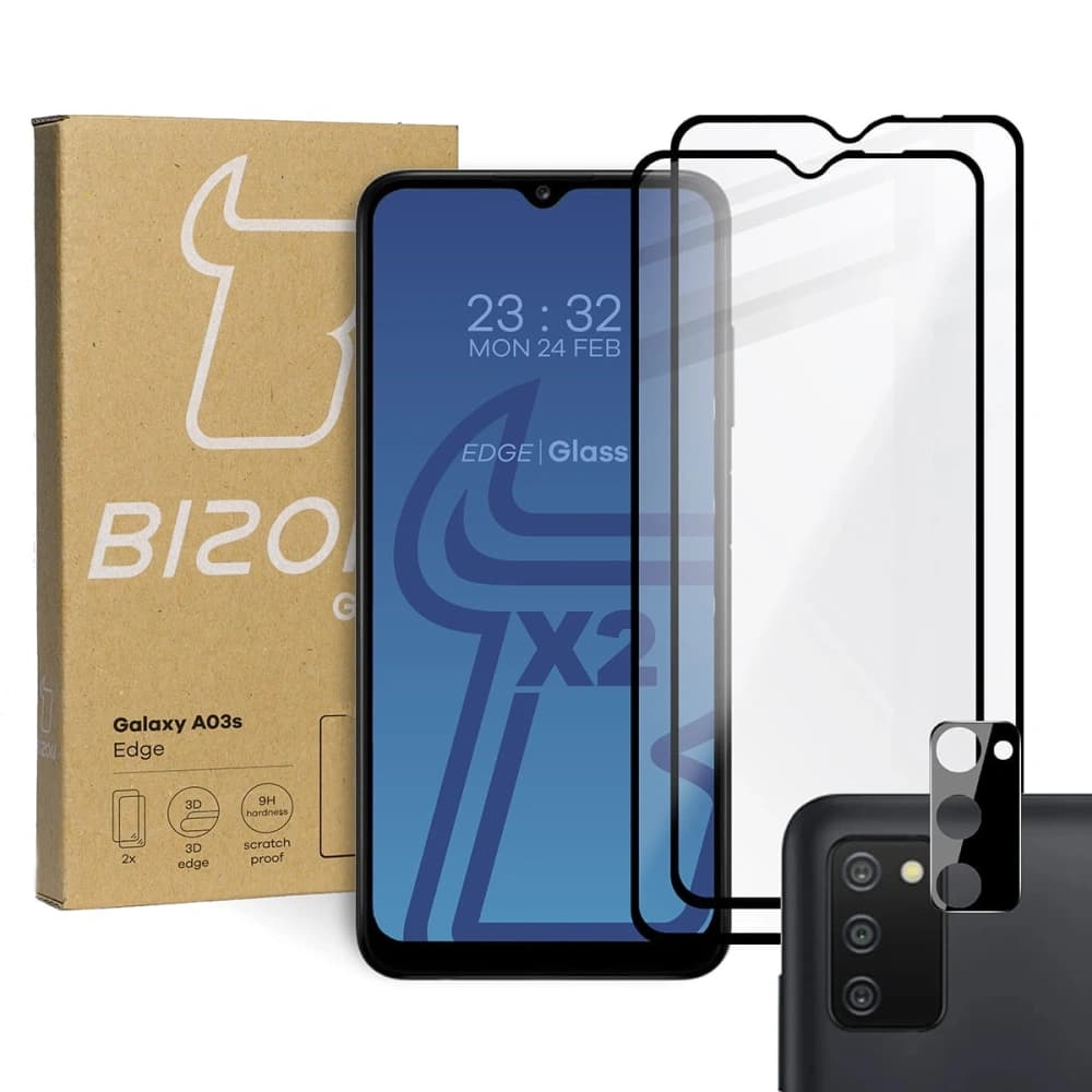 Tvrzené sklo Bizon Glass Edge - [2 PACK] + ochrana na objektiv Samsung Galaxy A03s černé - 1