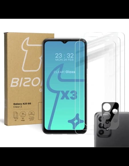 BIZON Clear 2 Pack 3x Bildschirmglas + Kameraglas Samsung Galaxy A23 5G