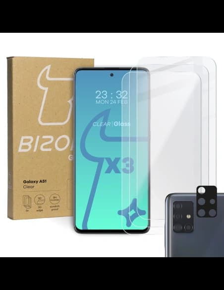 Szkło hartowane Bizon Glass Clear - 3 szt. + obiektyw, Galaxy A51