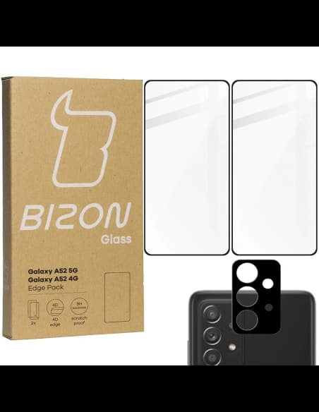 Bizon Glass Edge gehärtetes Glas - [2 PACK] + Linsenschutz Samsung Galaxy A52s 5G A52 4G/5G schwarz