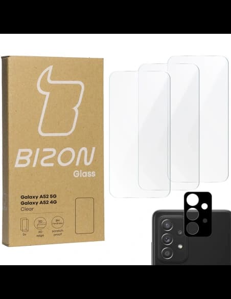 Bizon Glass Sticlă clară temperată - 3 buc. + sticlă lentilă Samsung Galaxy A52s 5G A52 4G/5G
