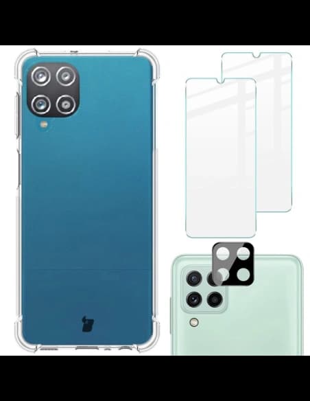 Bizon Case Clear Pack tok + 2x kijelző üveg + lencse üveg Samsung Galaxy A22 4G / M22 átlátszó