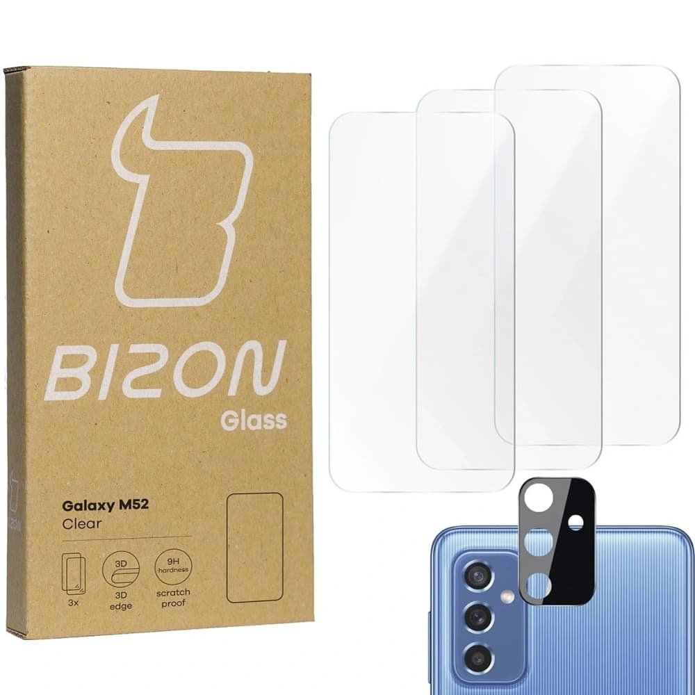 Tvrzené sklo Bizon Glass Clear - 3 ks + objektiv Samsung Galaxy M52 - 1