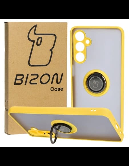 Etui s úchopem na prst Bizon Case Hybrid Ring do Samsung Galaxy M54 5G kouřové s žlutým rámem