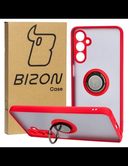 Etui z uchwytem na palec Bizon Case Hybrid Ring do Galaxy M54 5G, przydymione z czerwoną ramką