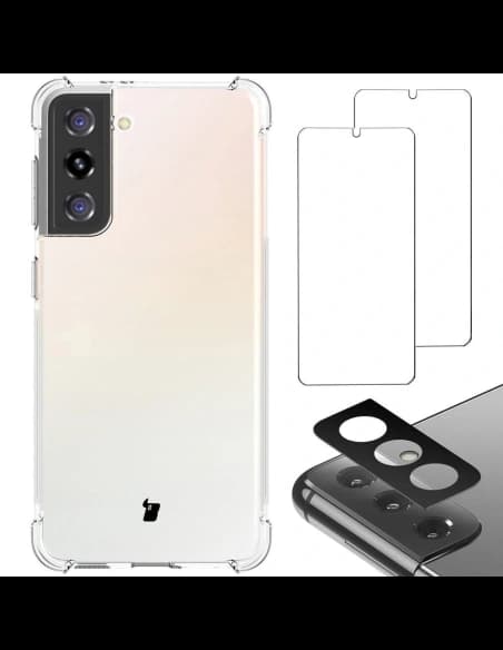 Bizon Case Clear Pack carcasă + 2x sticlă pentru ecran + sticlă pentru lentilă Samsung Galaxy S21 clar