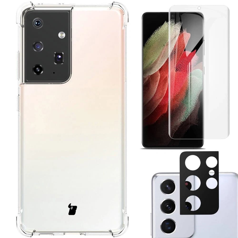 Bizon Case Clear Pack husă + 2x folie de protecție pentru ecran + protecție pentru lentilă Samsung Galaxy S21 Ultra clar - 1