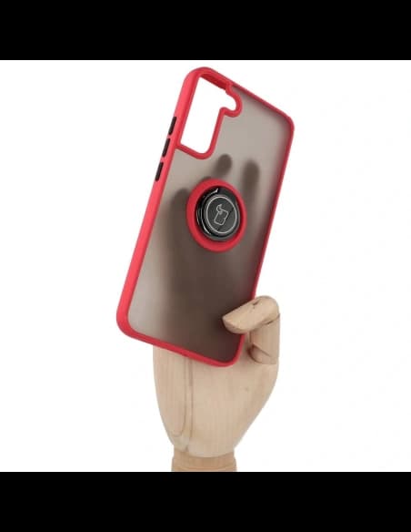 Etui z uchwytem na palec Bizon Case Hybrid Ring do Galaxy S22 Plus, przydymione z czerwoną ramką