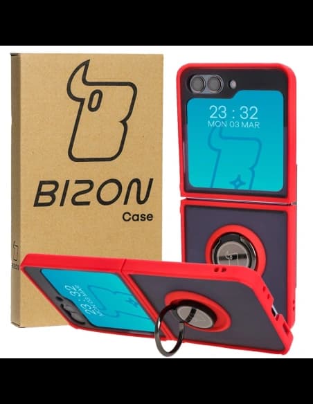 Etui z uchwytem na palec Bizon Case Hybrid Ring do Samsung Galaxy Z Flip5 kouřové s červeným rámem