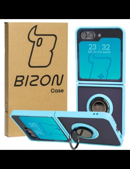 Etui s úchytem na prst Bizon Case Hybrid Ring pro Samsung Galaxy Z Flip5 kouřové s světle modrým rámem