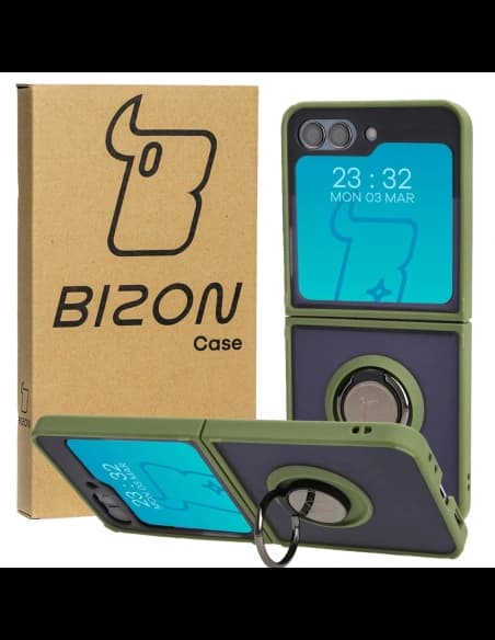 Etui s úchytem na prst Bizon Case Hybrid Ring pro Samsung Galaxy Z Flip5 kouřové se zeleným rámečkem