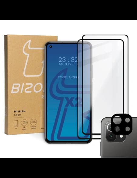 Bizon Glass Edge gehärtetes Glas - [2 PACK] + Linsen Schutz Xiaomi Mi 11 Lite / 5G / 5G NE schwarz