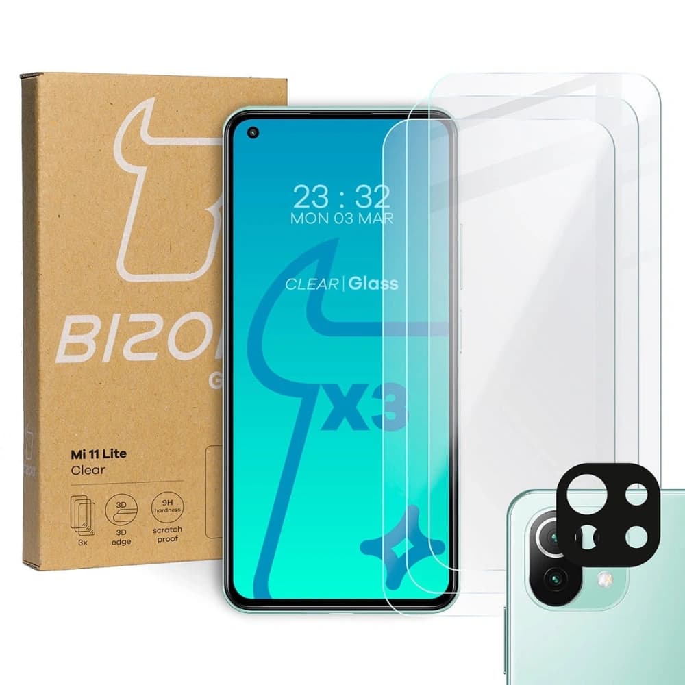 Bizon Glas Klar gehärtetes Glas - 3 Stück + Linsenglas Xiaomi Mi 11 Lite / 5G / 5G NE - 1