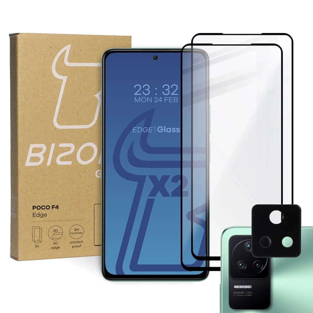 Bizon Glass Edge edzett üveg - [2 PACK] + lencsevédő Xiaomi Poco F4 fekete - 1