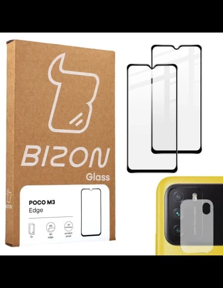 Bizon Glass Edge sticlă temperată - [2 PACK] + protecție pentru lentile Xiaomi Poco M3 negru