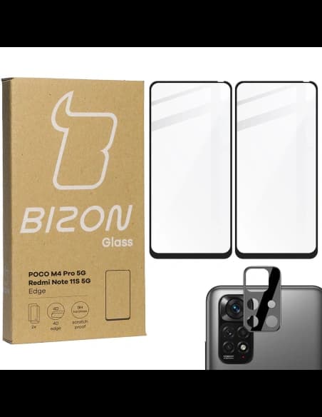 Bizon Glass Edge sticlă temperată - [2 PACK] + protecție pentru lentile Poco M4 Pro 5G / Redmi Note 11S 5G negru