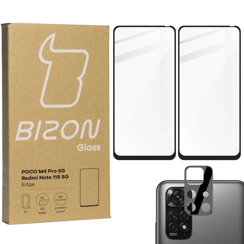 Tvrzené sklo Bizon Glass Edge - [2 PACK] + ochrana na objektiv Poco M4 Pro 5G / Redmi Note 11S 5G černé - 1
