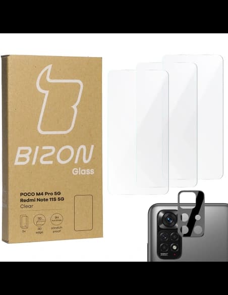 Bizon Sticlă Clear sticlă securizată - 3 buc. + sticlă lentilă Poco M4 Pro 5G / Redmi Note 11S 5G