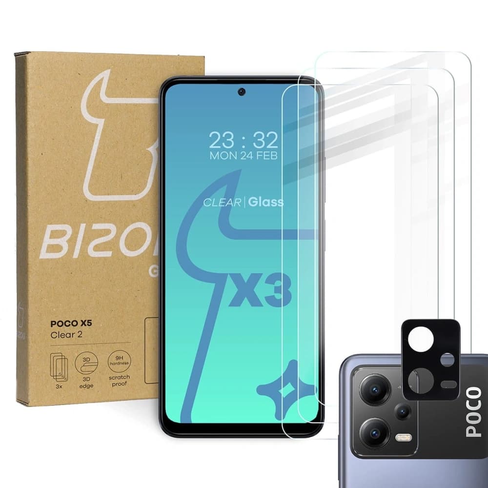3x Sticlă pentru ecran + sticlă clară pentru cameră BIZON Clear 2 pentru Poco X5 - 1