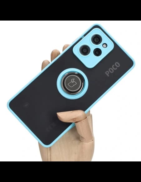Etui s úchytem na prst Bizon Case Hybrid Ring pro Xiaomi Poco X5 Pro kouřové s jasně modrým rámečkem