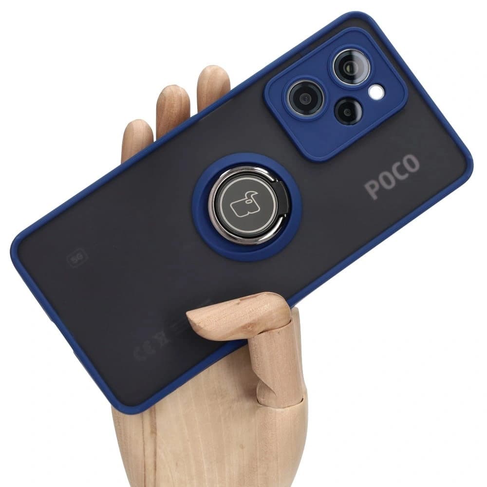Etui s úchopem na prst Bizon Case Hybrid Ring do Xiaomi Poco X5 Pro kouřové s modrým rámem - 1