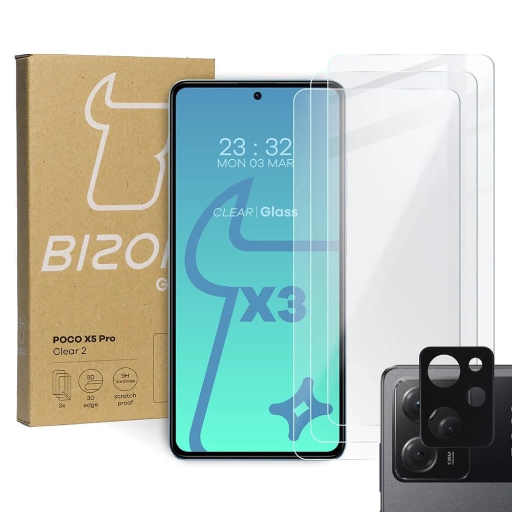 3x Glass for the screen + glass for the camera BIZON Clear 2 for Poco X5 Pro - 1