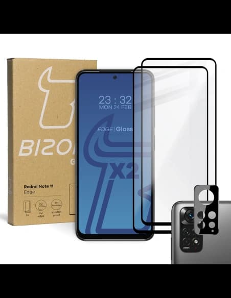 Bizon Glass Edge sticlă temperată - [2 PACK] + protecție lentilă Redmi Note 11 negru