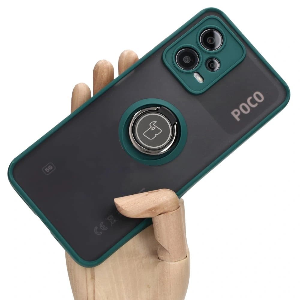 Bizon Case Hybrid Ring Xiaomi Poco X5 / Redmi Note 12 5G rauchig mit einem dunkelgrünen Rahmen