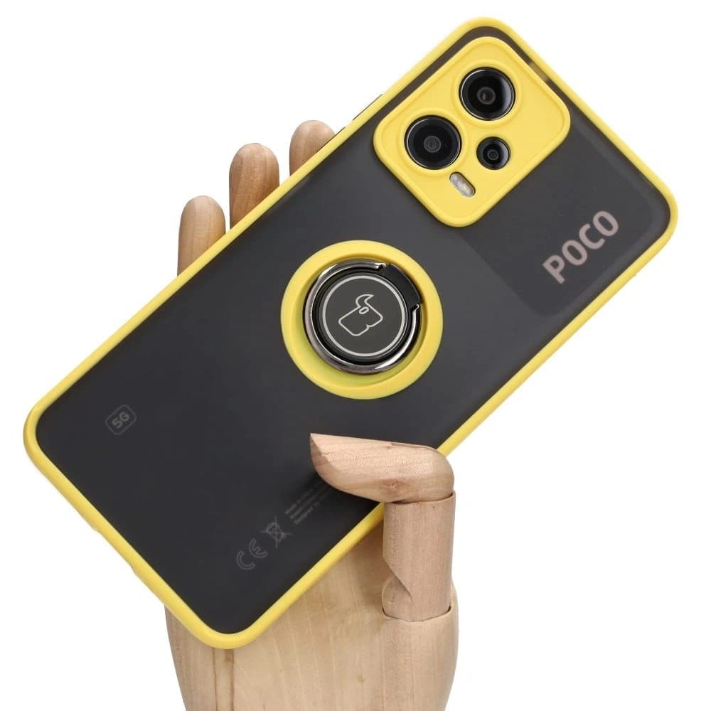 Bizon Case Hybrid Ring Xiaomi Poco X5 / Redmi Note 12 5G rauchig mit einem gelben Rahmen - 1