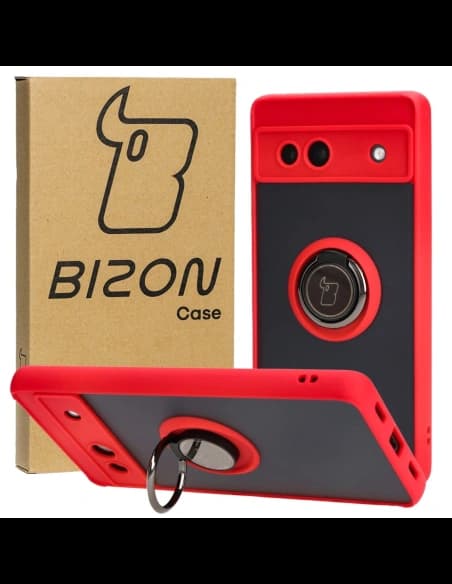 Etui z uchwytem na palec Bizon Case Hybrid Ring do Google Pixel 7A przydymione z czerwoną ramką