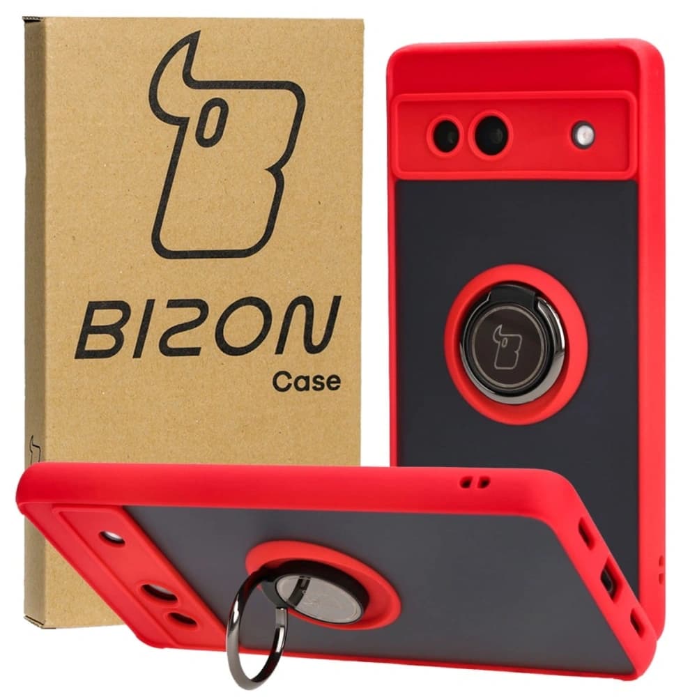 Etui s úchopem na prst Bizon Case Hybrid Ring pro Google Pixel 7A kouřové s červeným rámem - 1