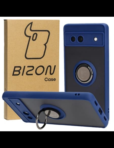 Etui z uchwytem na palec Bizon Case Hybrid Ring do Google Pixel 7A przydymione z granatową ramką